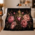 thumbnail image 1 of Flaming Jeweled Heart Surrounded by Pink Peonies, Soft Flannel Blanket with Baroque Floral Illustration Print, Housewarming Gift and Home Decor for Bedroom and Living Room, 1 of 7