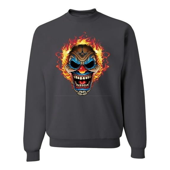 Flaming Laughing Fierce Clown | Mens Cars and Trucks Crewneck Graphic Sweatshirt, Charcoal, Large