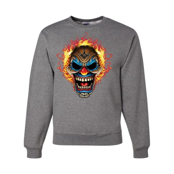 Flaming Laughing Fierce Clown | Mens Cars and Trucks Crewneck Graphic Sweatshirt, Heather Grey, 3XL