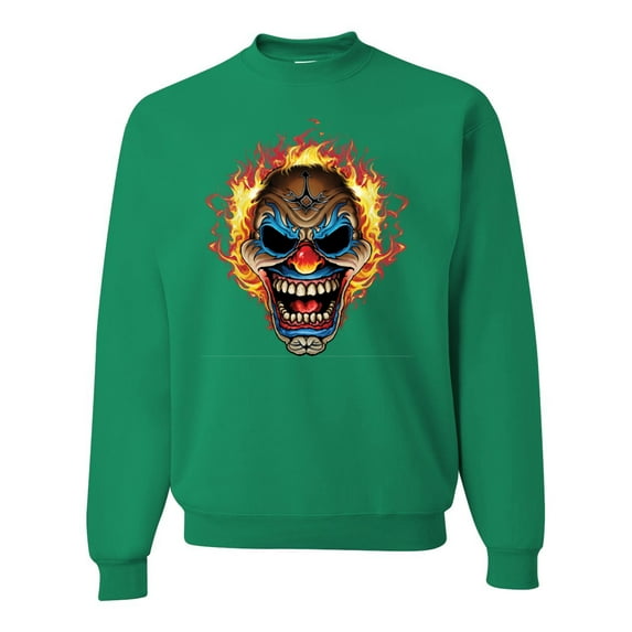 Flaming Laughing Fierce Clown | Mens Cars and Trucks Crewneck Graphic Sweatshirt, Kelly, Medium