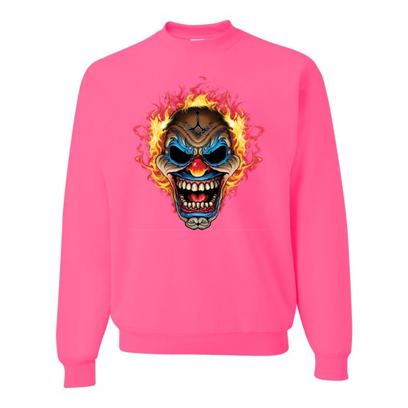 Flaming Laughing Fierce Clown | Mens Cars and Trucks Crewneck Graphic Sweatshirt, Neon Pink, Small