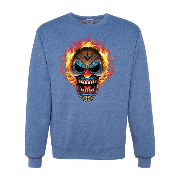 Flaming Laughing Fierce Clown | Mens Cars and Trucks Crewneck Graphic Sweatshirt, Vintage Heather Blue, X-Large