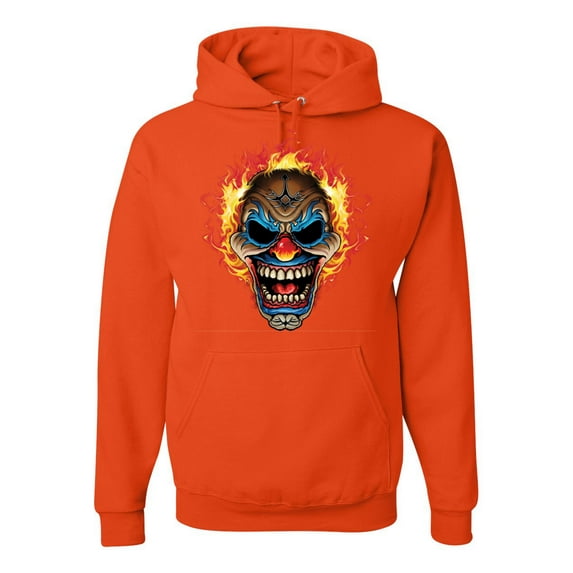 Flaming Laughing Fierce Clown | Mens Cars and Trucks Hooded Sweatshirt Graphic Hoodie, Orange, Large