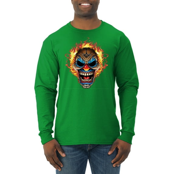Flaming Laughing Fierce Clown | Mens Cars and Trucks Long Sleeve T-Shirt, Kelly, Small