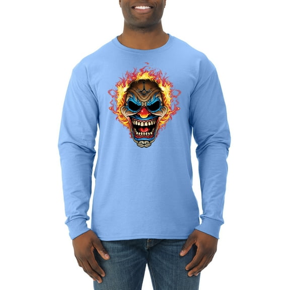 Flaming Laughing Fierce Clown | Mens Cars and Trucks Long Sleeve T-Shirt, Light Blue, Large