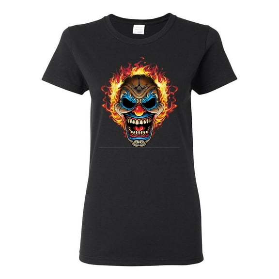 Flaming Laughing Fierce Clown | Womens Cars and Trucks Graphic T-Shirt, Black, Small