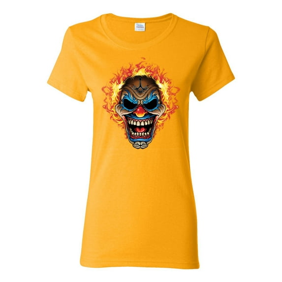Flaming Laughing Fierce Clown | Womens Cars and Trucks Graphic T-Shirt, Gold, X-Large