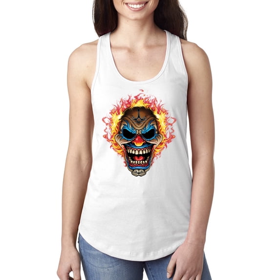 Flaming Laughing Fierce Clown | Womens Cars and Trucks Jersey Racerback Tank Top, White, Large