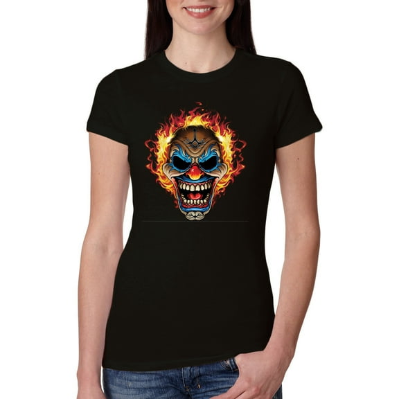 Flaming Laughing Fierce Clown | Womens Cars and Trucks Slim Fit Junior Tee, Black, Small