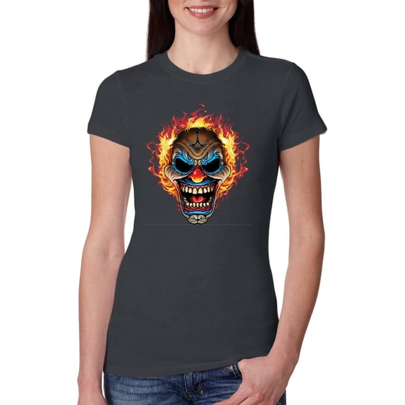 Flaming Laughing Fierce Clown | Womens Cars and Trucks Slim Fit Junior Tee, Dark Grey, 2XL