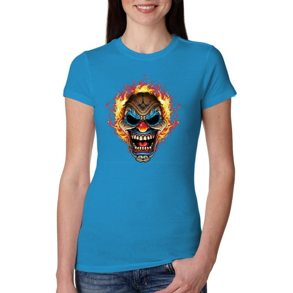Flaming Laughing Fierce Clown | Womens Cars and Trucks Slim Fit Junior Tee, Turquoise, Small