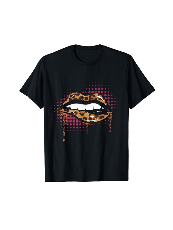Flaming Leopard Lips Cheetah Animal Womens Lip Print T-Shirt