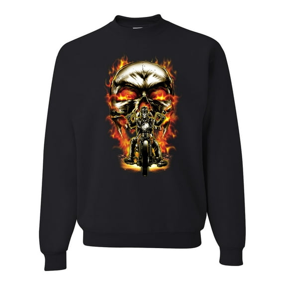 Flaming Motorycle Hell Fire Skull Biker | Mens Fashion Crewneck Graphic Sweatshirt, Black, Small