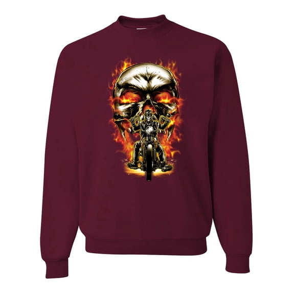 Flaming Motorycle Hell Fire Skull Biker | Mens Fashion Crewneck Graphic Sweatshirt, Maroon, X-Large