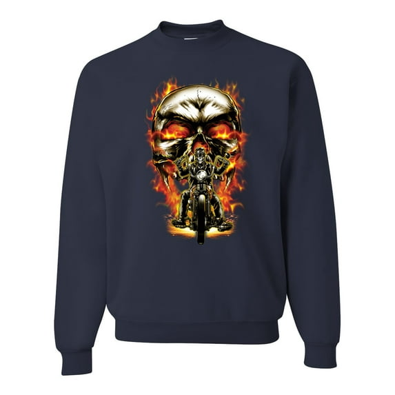Flaming Motorycle Hell Fire Skull Biker | Mens Fashion Crewneck Graphic Sweatshirt, Navy, X-Large
