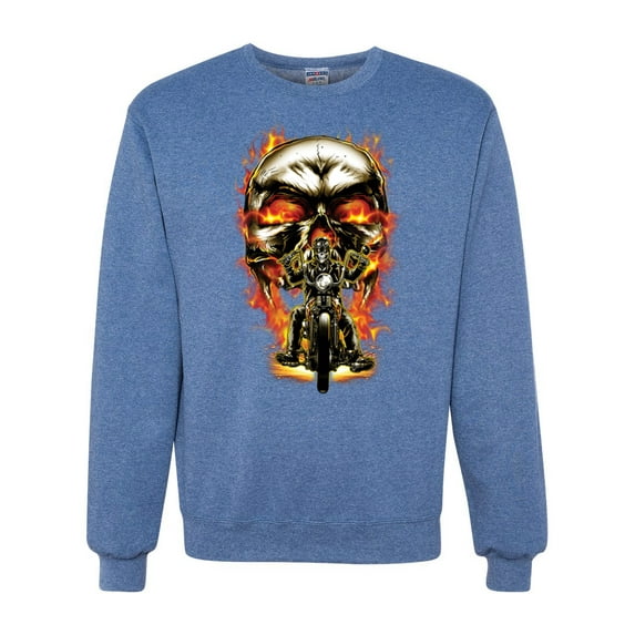 Flaming Motorycle Hell Fire Skull Biker | Mens Fashion Crewneck Graphic Sweatshirt, Vintage Heather Blue, X-Large