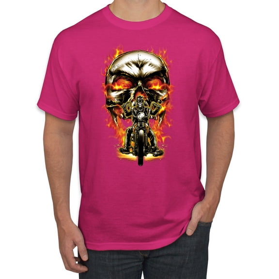 Flaming Motorycle Hell Fire Skull Biker | Mens Fashion Graphic T-Shirt, Fuschia, 4XL