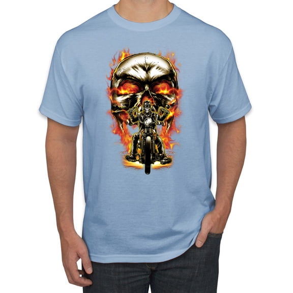 Flaming Motorycle Hell Fire Skull Biker | Mens Fashion Graphic T-Shirt, Light Blue, X-Large