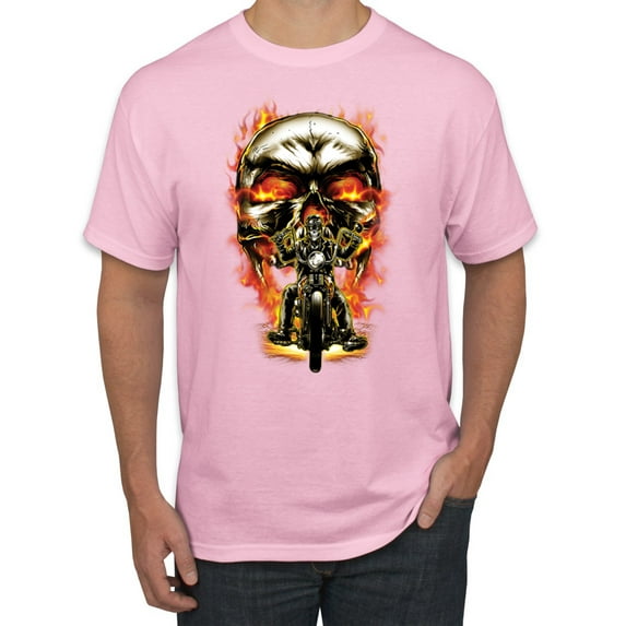 Flaming Motorycle Hell Fire Skull Biker | Mens Fashion Graphic T-Shirt, Light Pink, 3XL