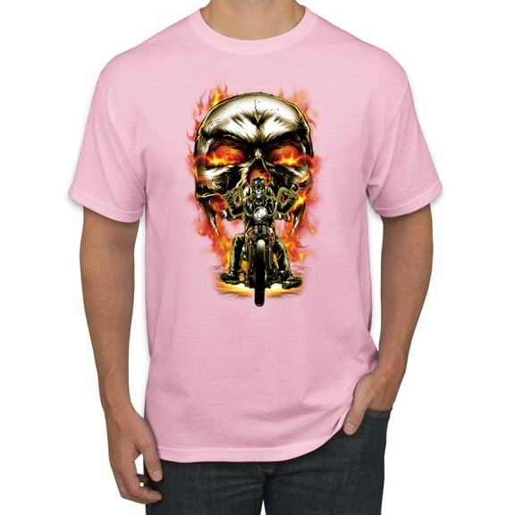 Flaming Motorycle Hell Fire Skull Biker | Mens Fashion Graphic T-Shirt, Light Pink, Large