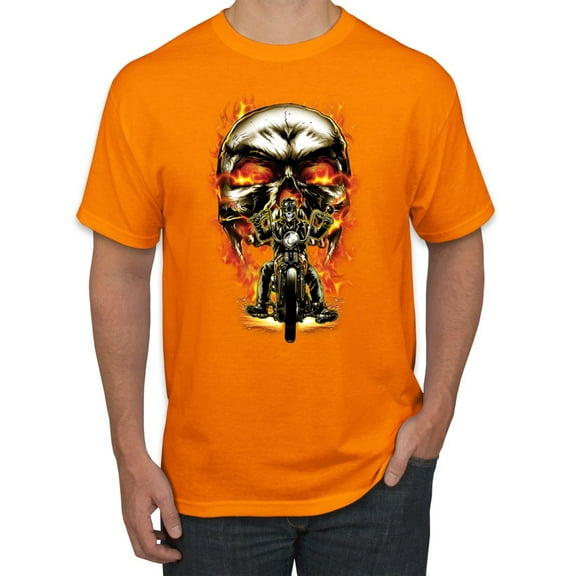 Flaming Motorycle Hell Fire Skull Biker | Mens Fashion Graphic T-Shirt, Orange, X-Large
