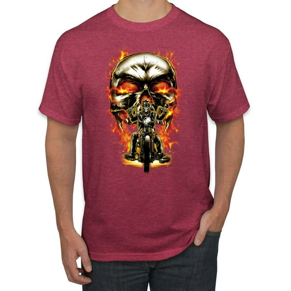 Flaming Motorycle Hell Fire Skull Biker | Mens Fashion Graphic T-Shirt, Vintage Heather Red, 2XL