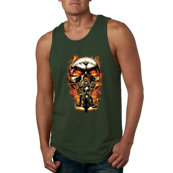 Flaming Motorycle Hell Fire Skull Biker | Mens Fashion Graphic Tank Top, Forest Green, 3XL