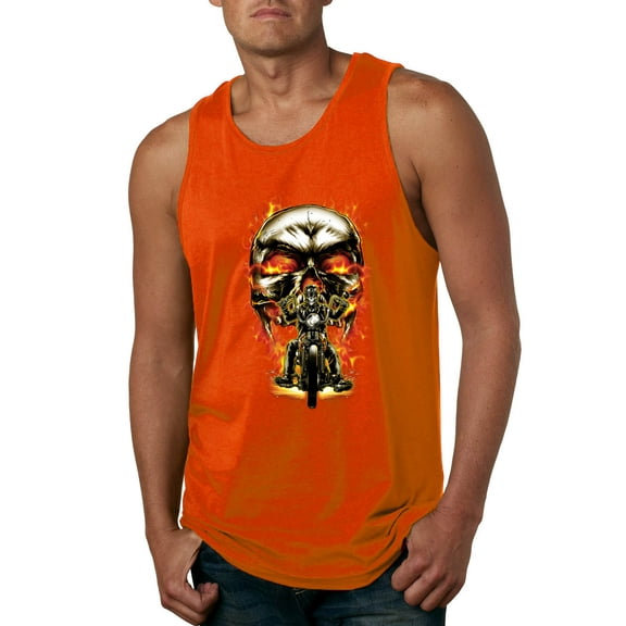 Flaming Motorycle Hell Fire Skull Biker | Mens Fashion Graphic Tank Top, Orange, Medium