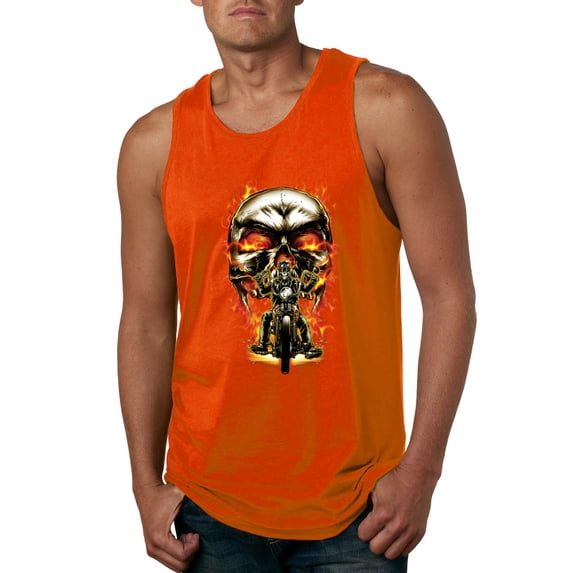 Flaming Motorycle Hell Fire Skull Biker | Mens Fashion Graphic Tank Top, Orange, Small
