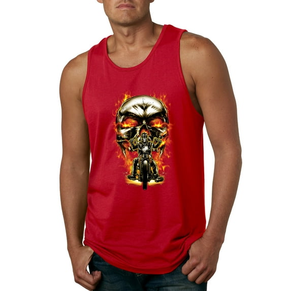 Flaming Motorycle Hell Fire Skull Biker | Mens Fashion Graphic Tank Top, Red, 3XL