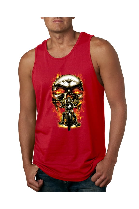 Flaming Motorycle Hell Fire Skull Biker | Mens Fashion Graphic Tank Top, Red, Large