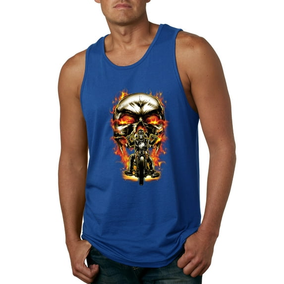 Flaming Motorycle Hell Fire Skull Biker | Mens Fashion Graphic Tank Top, Royal, Large