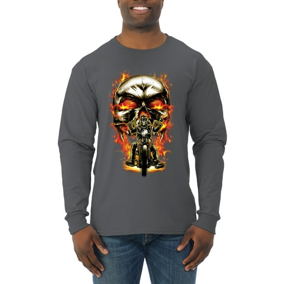 Flaming Motorycle Hell Fire Skull Biker | Mens Fashion Long Sleeve T-Shirt, Charcoal, 3XL