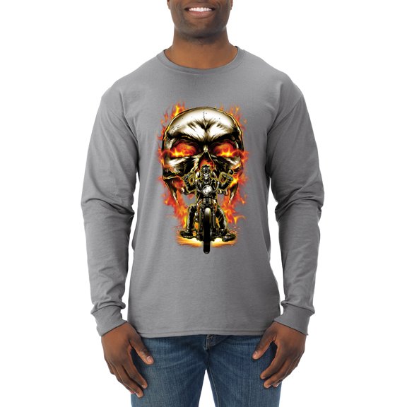 Flaming Motorycle Hell Fire Skull Biker | Mens Fashion Long Sleeve T-Shirt, Heather Grey, 2XL