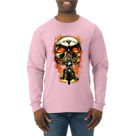 Flaming Motorycle Hell Fire Skull Biker | Mens Fashion Long Sleeve T-Shirt, Light Pink, X-Large