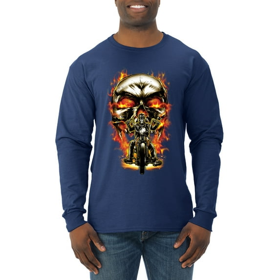 Flaming Motorycle Hell Fire Skull Biker | Mens Fashion Long Sleeve T-Shirt, Navy, Small