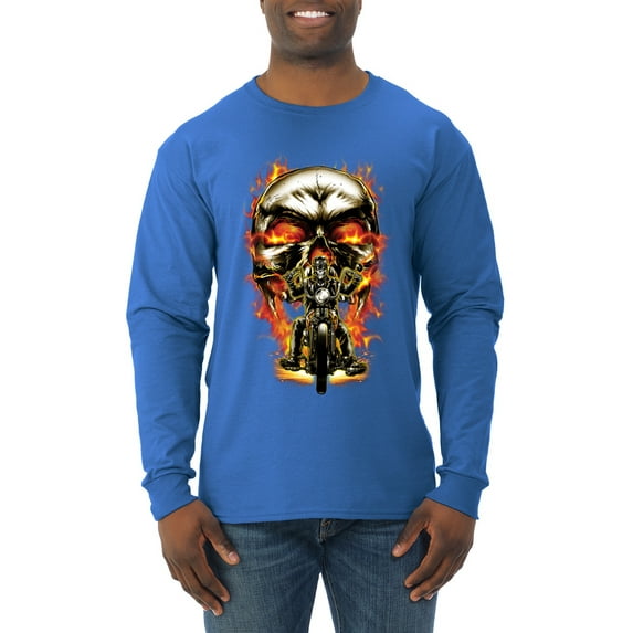 Flaming Motorycle Hell Fire Skull Biker | Mens Fashion Long Sleeve T-Shirt, Royal, X-Large