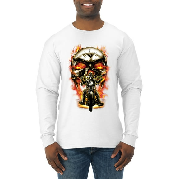 Flaming Motorycle Hell Fire Skull Biker | Mens Fashion Long Sleeve T-Shirt, White, Large