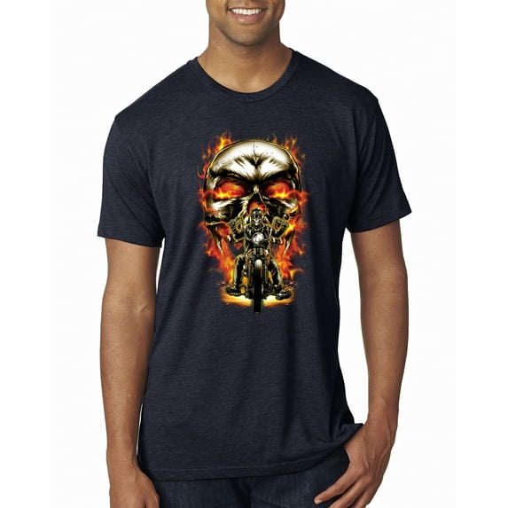 Flaming Motorycle Hell Fire Skull Biker | Mens Fashion Premium Tri Blend T-Shirt, Vintage Navy, Large