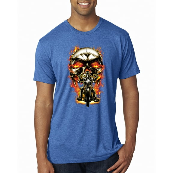 Flaming Motorycle Hell Fire Skull Biker | Mens Fashion Premium Tri Blend T-Shirt, Vintage Royal, Medium