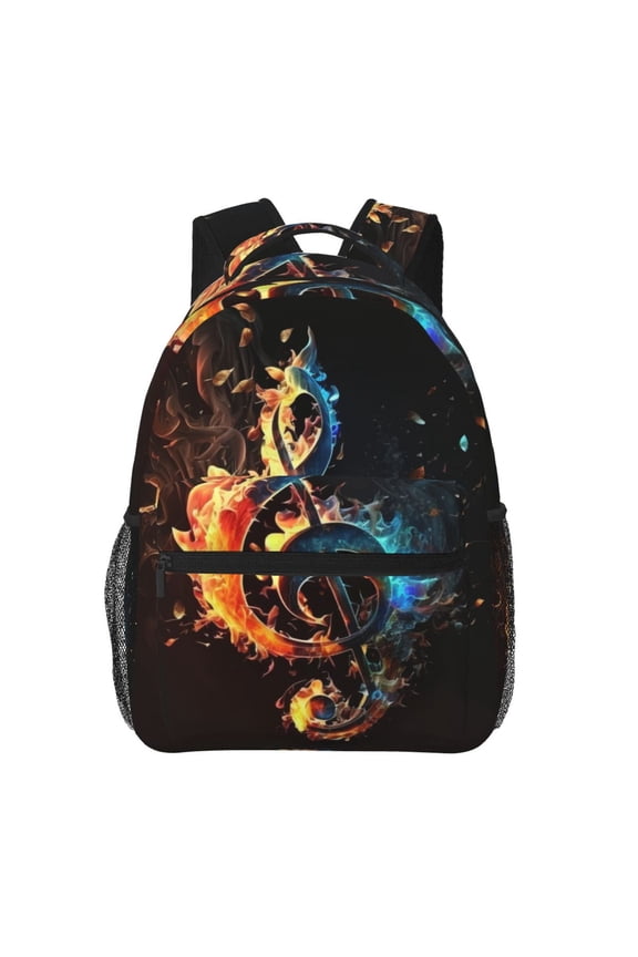 Flaming Music Notes Fire Backpack Casual College Bag Zipper Laptop Daypack Hiking Rucksack Travel