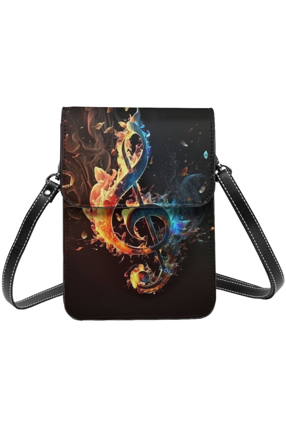 Flaming Music Notes Fire Cell Phone Purse Small Crossbody Bag with Strap Credit Card Slots Leather Shoulder Wallet for Women