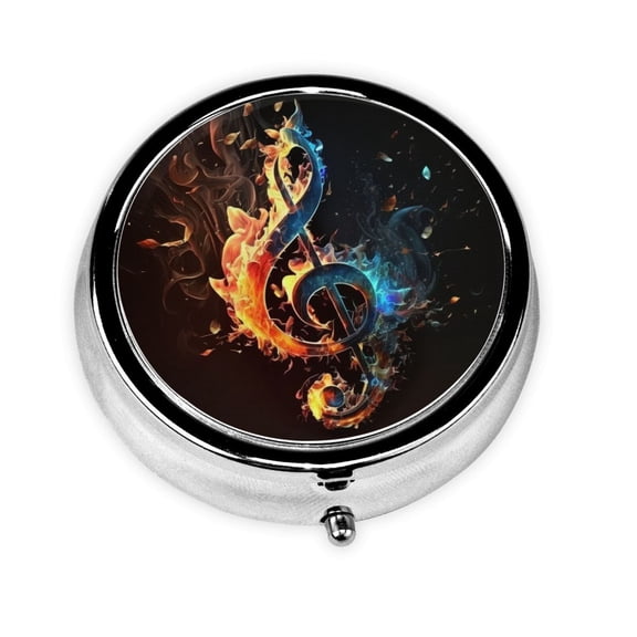Flaming Music Notes Fire Mini Round Pill Box Portable Small Pill Case Organizer with 3 Compartments for Pocket Purse