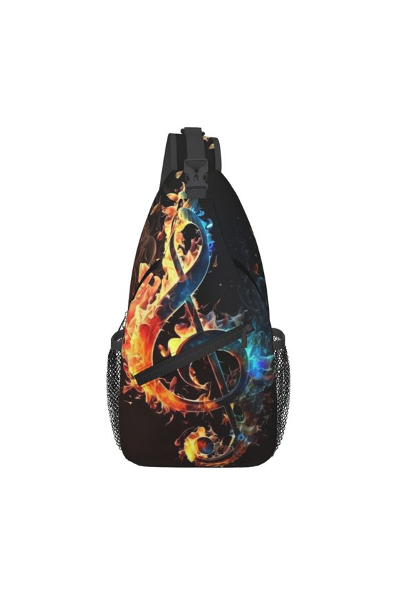 Flaming Music Notes Fire Sling Backpack Shoulder Chest Crossbody Bag Causal Travel Hiking Daypack