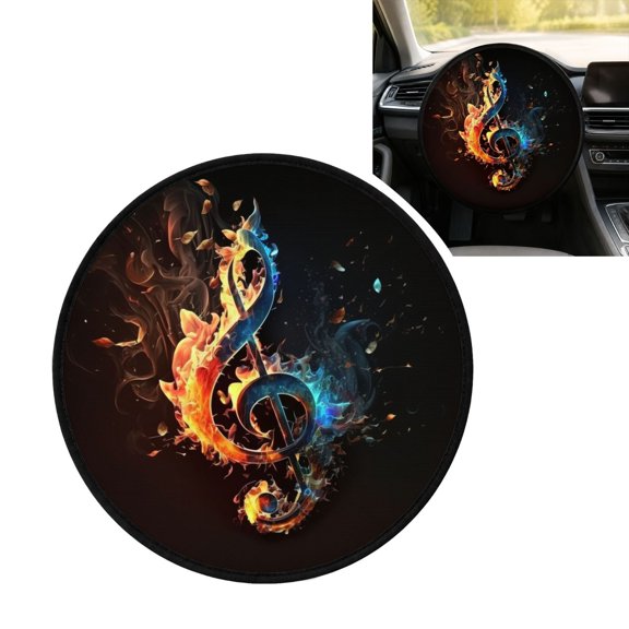Flaming Music Notes Fire Steering Wheel Sun Shade Cover, Universal Fits up to 15.5 in, Foldable Sun Protector