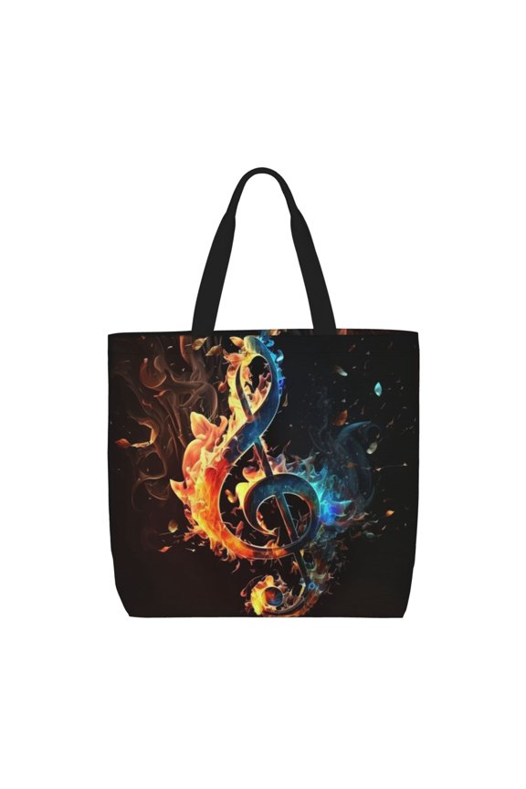 Flaming Music Notes Fire Zippered Tote Bag Large Capacity Shoulder Handbag for Shopping, Work, Travel