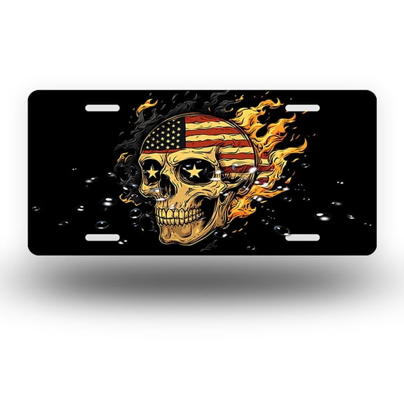 Flaming Patriotic Skull Front License Plate,Metal License Plate,Funny Standard Plates Personalized Novelty Decorative For Men/Women/Boys/Girls Car 6×12 Inch