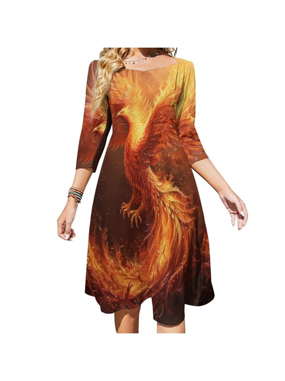 Flaming Phoenix Rise Sweetheart Knot Flared Dress Fashion Design Large Size Loose Dress Spring Summer Women Dress