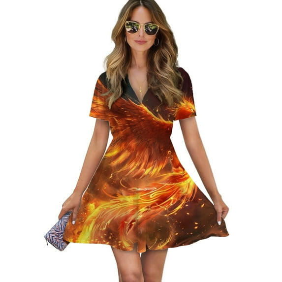 Flaming Phoenix Rise Women Dress V-Neck Short Sleeve Flowy Swing Party Midi Dress