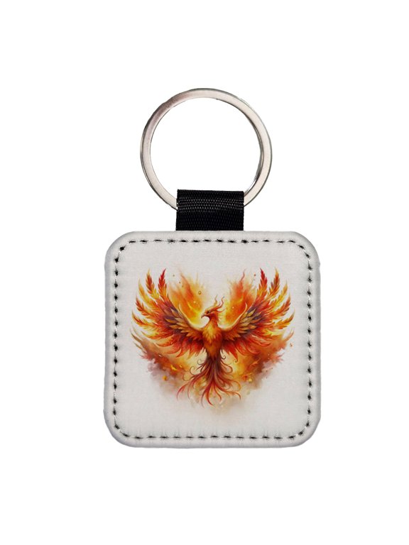 Flaming Phoenix Rising Fantasy Watercolor Faux Leather Square Keychain